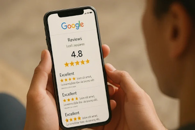 Schermo di smartphone con icone di stelle di valutazione